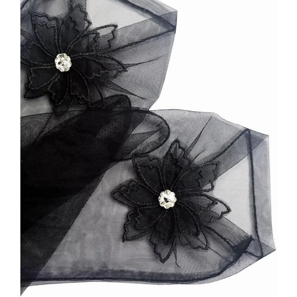 Women's Short Floral Black Diamond Flower Gloves Tulle Tea Opera Party Elegant